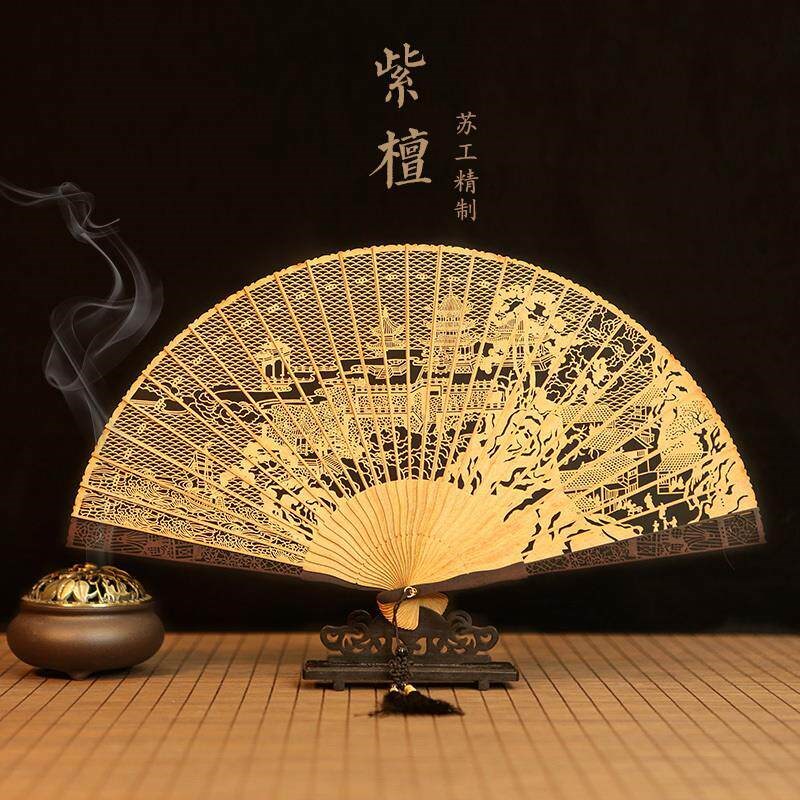 非遗工艺品特产檀香扇紫檀木折扇檀香镂空扇文创摆件礼品扇子