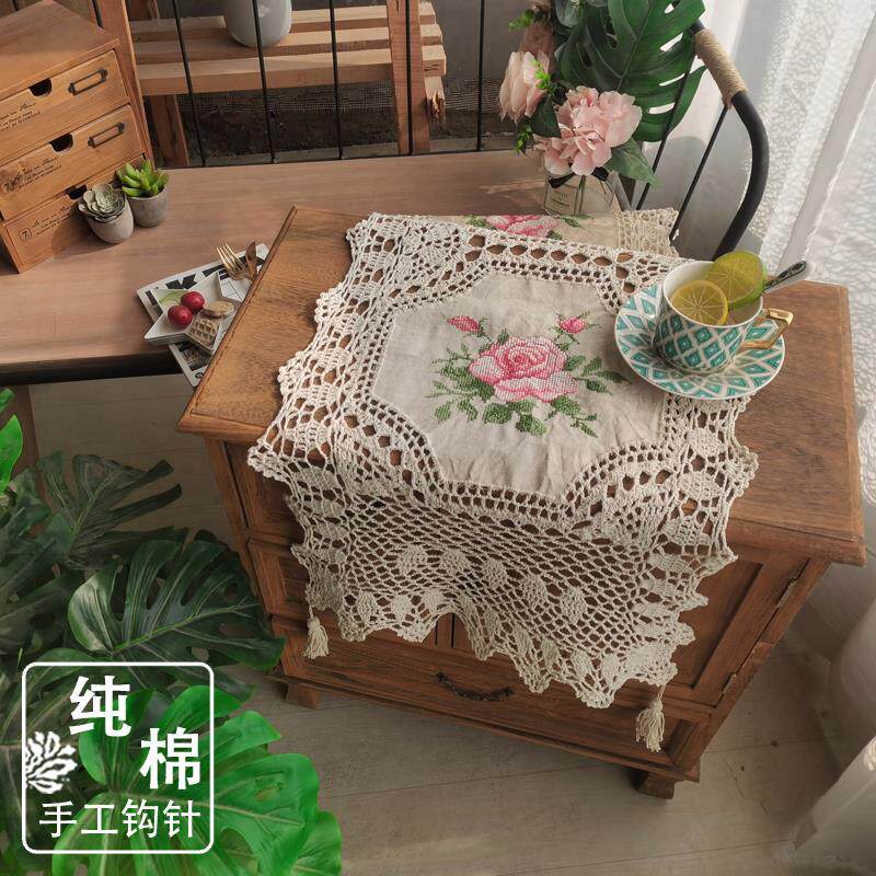 欧式田园风手工钩针桌旗+植物花卉棉布长桌垫+四角带穗款设计