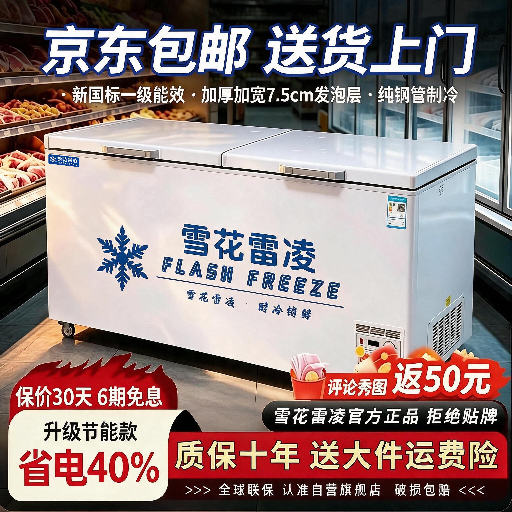 雪花雷凌一级能效商用卧式大容量冰柜家用冷藏冷冻保鲜冰箱展示柜