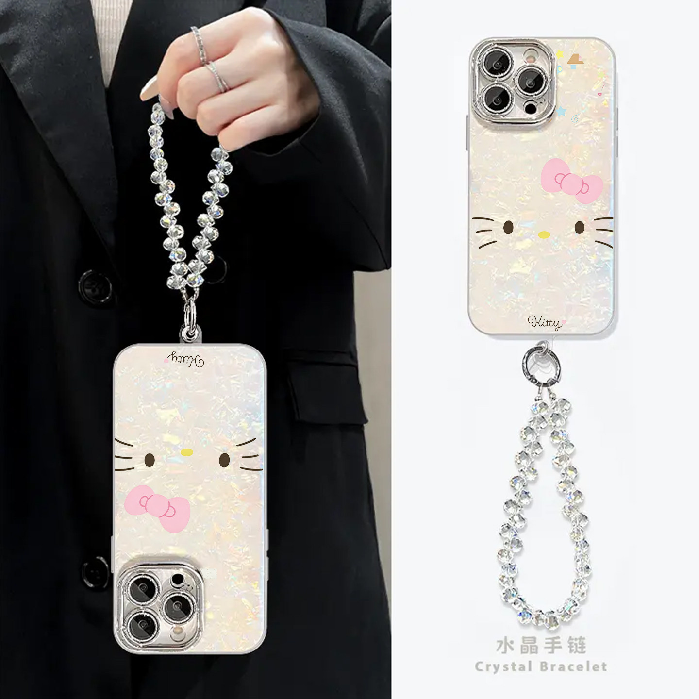 卡通粉色蝴蝶结小猫表情适用于苹果17Promax透明手机壳iPhone16pro可爱简约15元气满满14小众女款13保护壳