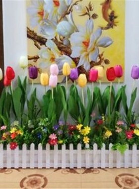 仿真花郁金香木栅栏套装花艺卧室家居假花装饰花绢花室内隔断摆放