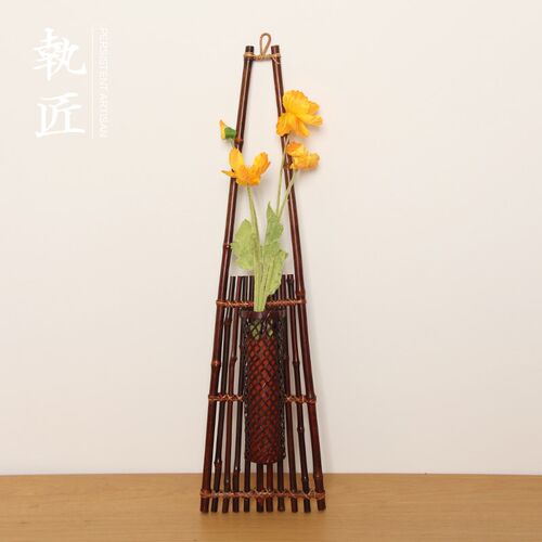 手工竹编紫竹壁挂花器中式花篮花瓶花插挂墙插花竹篓蓄水摆件装饰