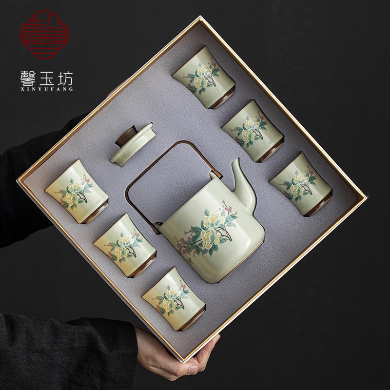 馨玉坊福临豆青汝窑茶具套装家用高档泡茶提梁壶陶瓷茶杯整套送人