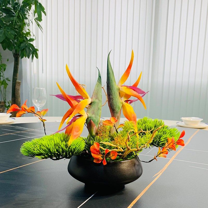 中式高端酒店餐厅大圆桌转盘中间摆花餐桌花仿真花包厢造景摆件