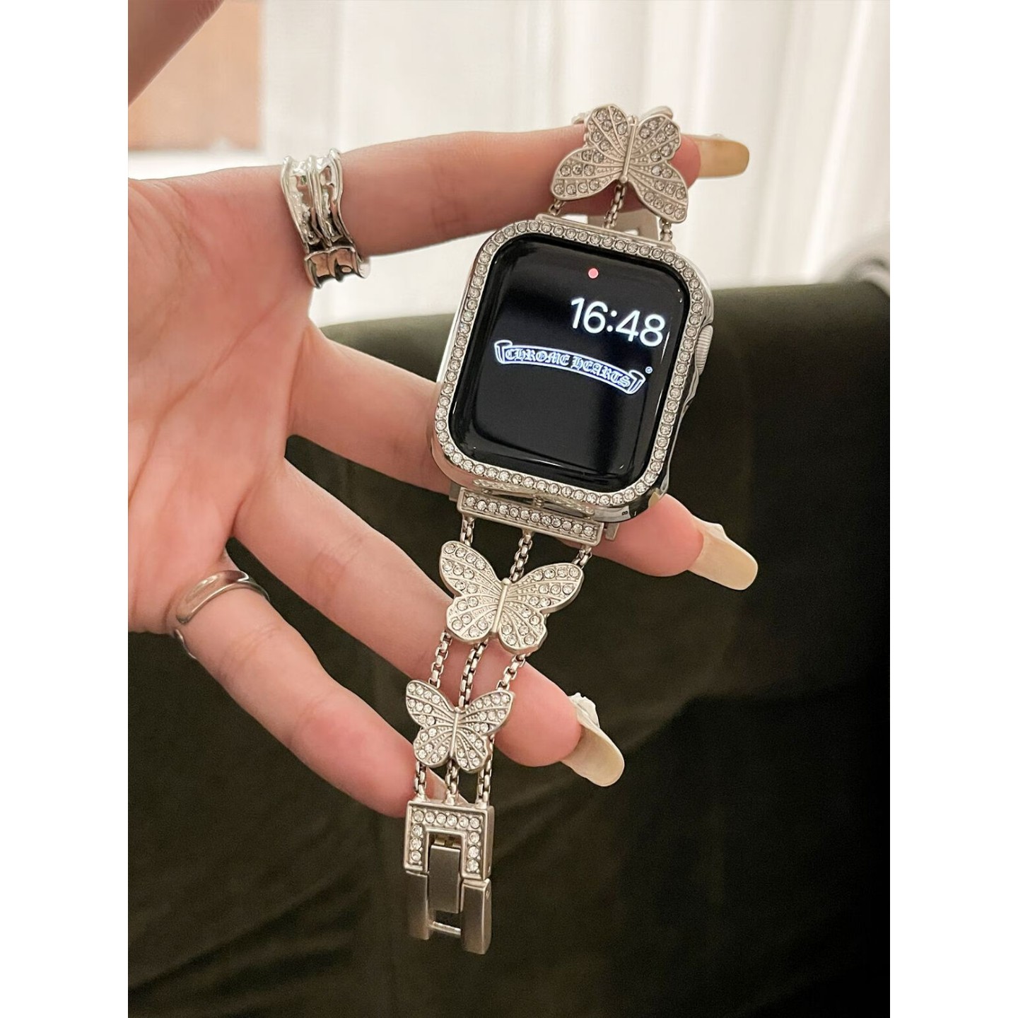 方哲品牌原装适用Apple Watch S11手表表带苹果S10/S9/S8/S7新款金属蝴蝶镶钻Ultra3/2女款时尚创意高档腕带图片