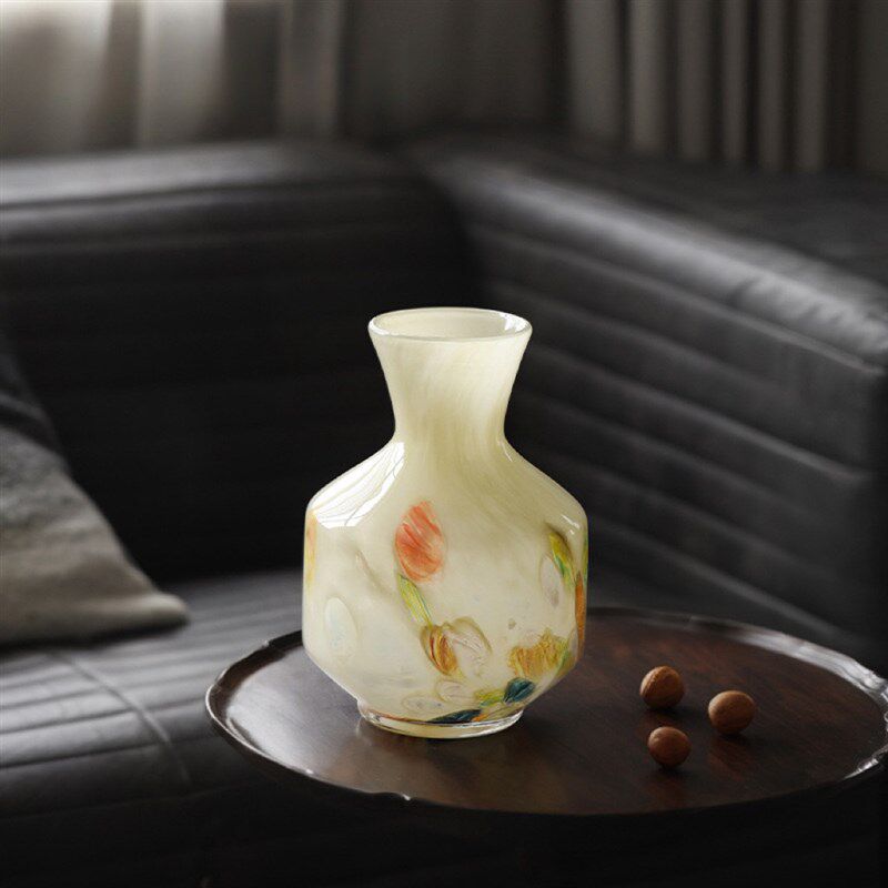 中古芬顿玉质琥珀玻璃花瓶样板房客厅家居摆件琉璃花器