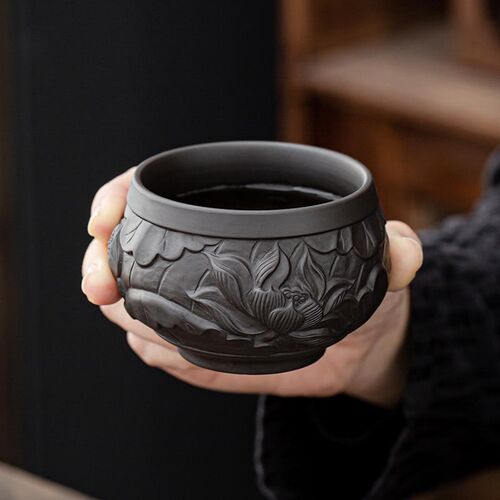 豪跃复古紫砂主人杯莲莲有鱼浮雕茶杯茶盏杯子功夫茶具品茗杯单杯