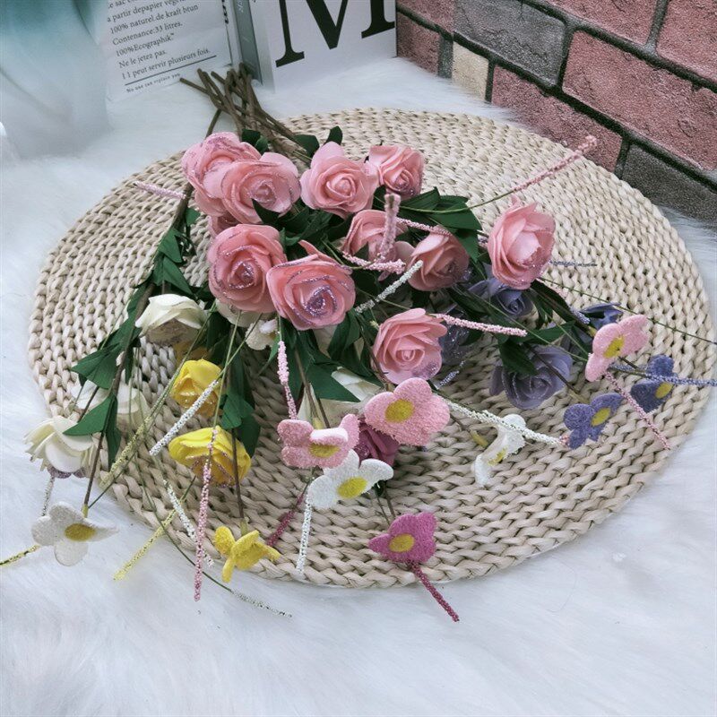 60cm田园风仿真玫瑰金粉花家居办公婚礼装饰摆件