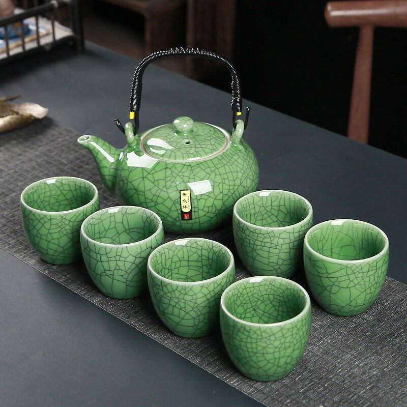 青瓷哥窑提梁泡茶壶大号功夫茶具套装家用冰裂陶瓷大容量茶杯整套