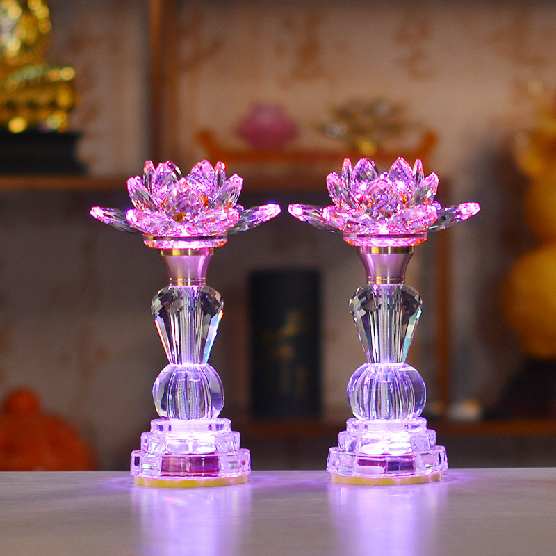 led水晶玻璃莲花佛供灯佛台七彩佛灯家用摆设灯工艺品插电一对