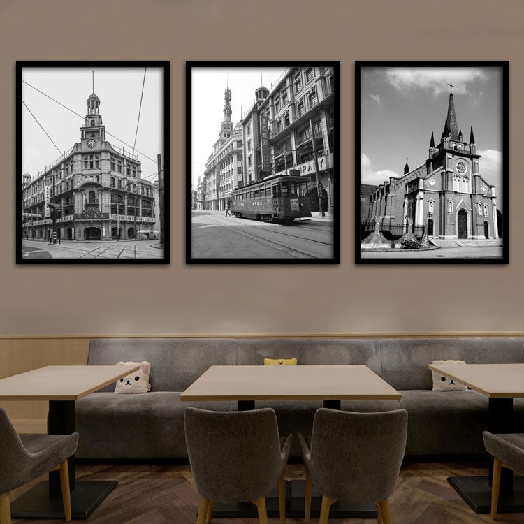 老上海建筑装饰画怀旧街景餐厅挂画复古黑白照片酒店有框画壁画