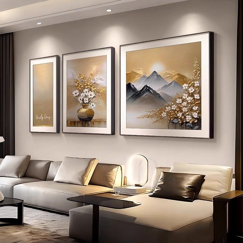 日照金山挂画组合客厅沙发背景墙壁画2024新款小雏菊三联画装饰画