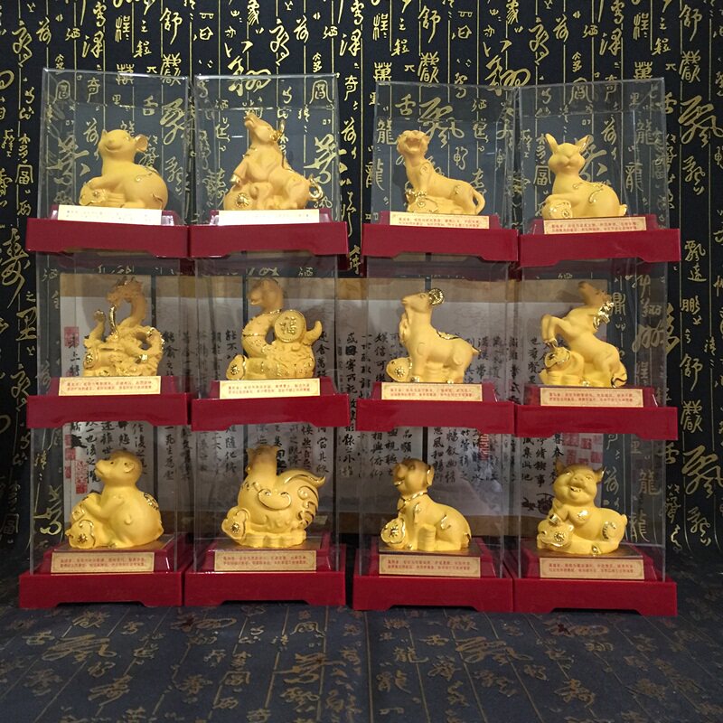 十二生肖摆件全套12生肖鼠牛虎兔龙蛇马羊猴鸡狗猪绒沙金工艺摆设