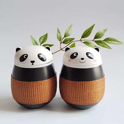 竹丝扣瓷茶具熊猫便携快客杯瓷胎竹编非遗手工四川特色商务送礼