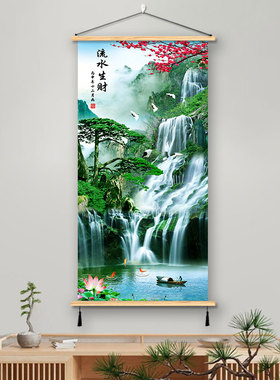 山水风景挂画流水生财装饰画布艺壁画实木客厅沙发办公室背景墙挂