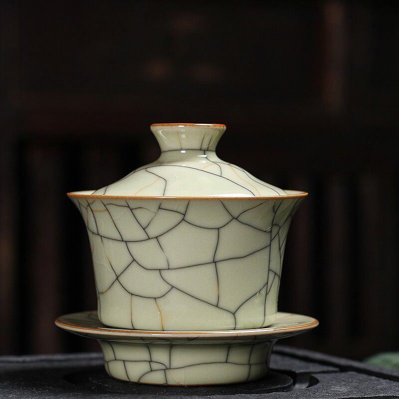 龙泉青瓷三才盖碗茶杯家用单个陶瓷哥窑金丝铁线功夫茶具泡茶大号