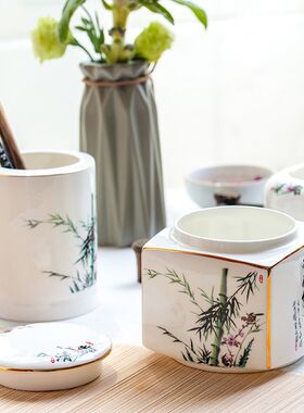 骨瓷礼品陶瓷创意办公室茶杯带盖水杯茶叶罐烟缸笔筒笔洗文房用具