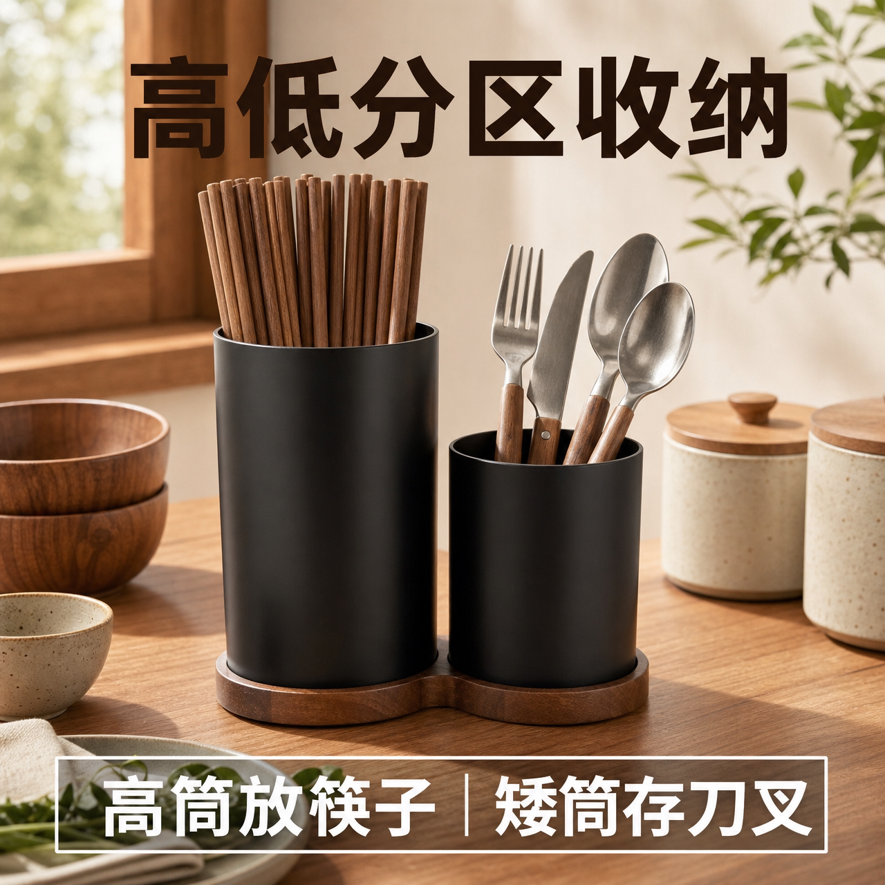 木质餐具收纳架餐厅台面筷子筒刀叉勺子高档收纳分类台面收纳分区