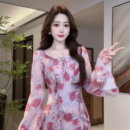 HAYS碎花连衣裙荷叶边长袖女夏季小众不撞款显瘦气质2026新款长裙