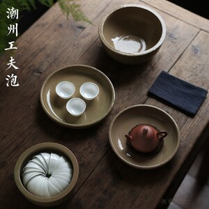 手工潮州功夫茶具干泡茶盘杯垫水盂仿古开片茶壶承杯托潮式工夫泡