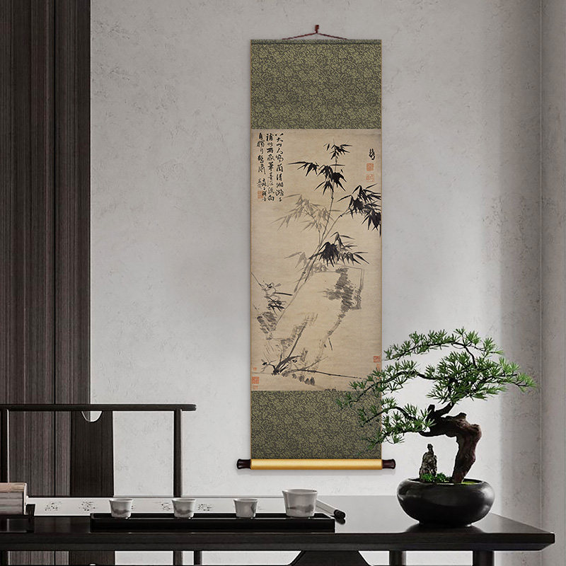 兰竹图中式丝绸卷轴挂画山水古画书房茶室装饰画客厅入户玄关壁画