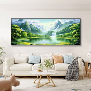 青山绿水聚宝盆装饰画客厅沙发背景墙山水挂画流水生财壁画靠山图
