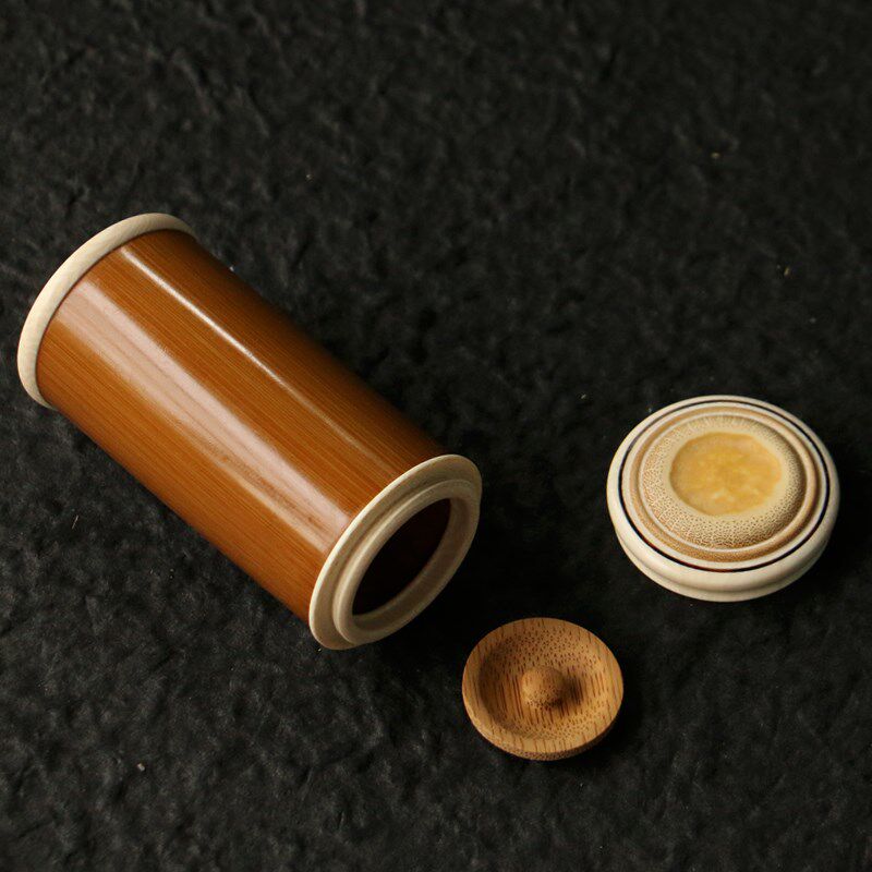 精工海派镶嵌老玉竹茶叶罐仿牙精镶嵌便携式竹制茶仓茶叶桶包装筒