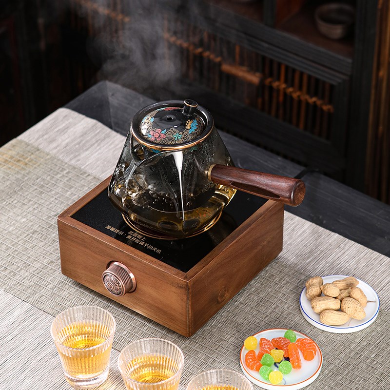 侧把壶煮茶器玻璃泡茶壶家用耐高温单壶功夫茶具套装黑檀木电陶炉