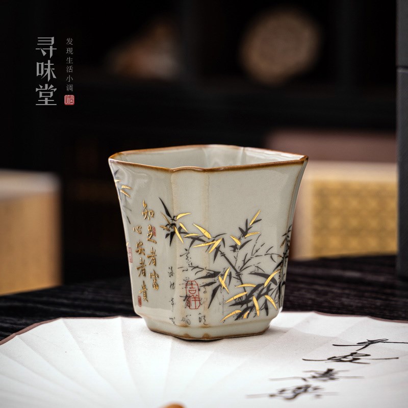 青玉汝窑堆金知足茶杯高档品茗杯主人杯李辉熠茶具复古中式单杯