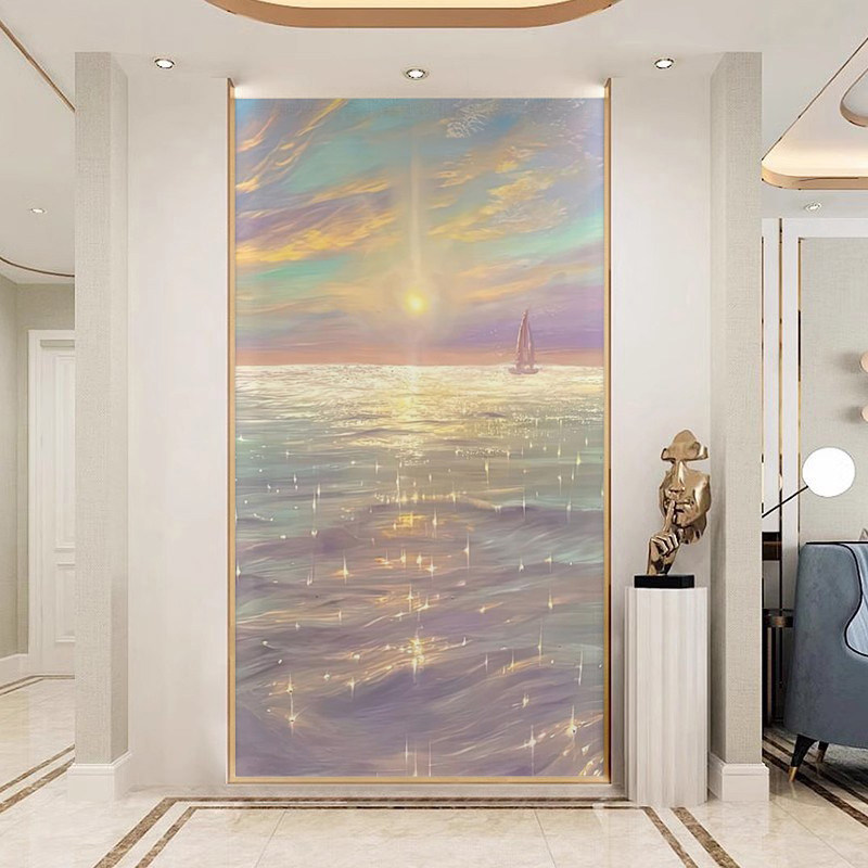 海上日出定制壁画客厅波光粼粼油画玄关大海晚霞风景肌理墙纸壁画