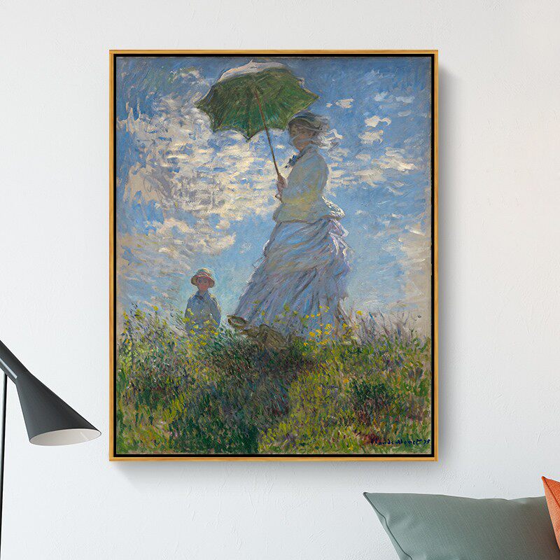 撑伞的女人 莫奈印刷仿制油画客厅卧室玄关人物挂画背景墙装饰画