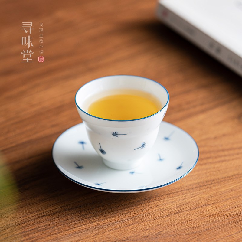 甜白瓷蒲公英品茗杯 杯垫手绘薄胎茶杯小杯垫家用陶瓷功夫茶具
