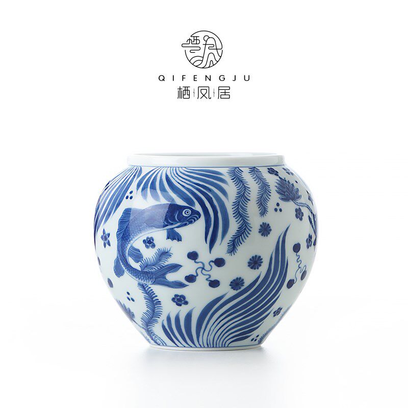 栖凤居青花手绘鱼藻纹建水茶渣桶家用陶瓷茶洗水孟功夫茶具配件