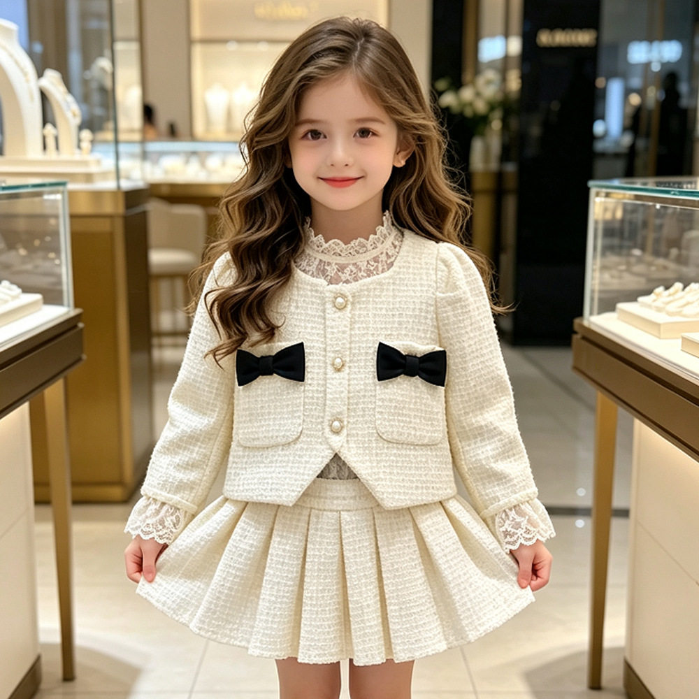 女童小香风套装秋季新款儿童蝴蝶结外套百褶短裙两件套中小女孩洋