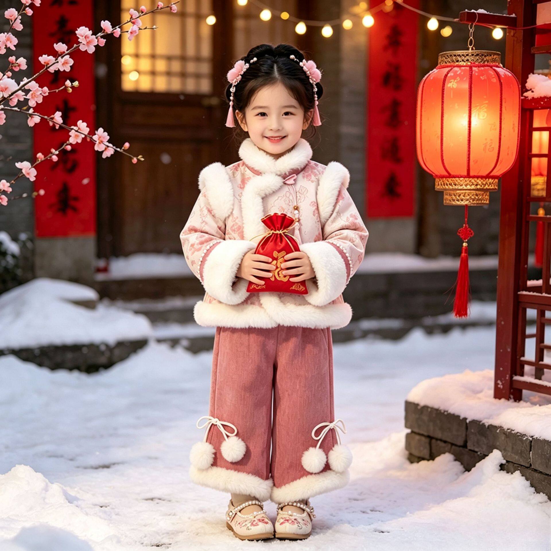 现货女童中式套装加绒冬季新款毛毛拼接加厚上衣裤子两件套