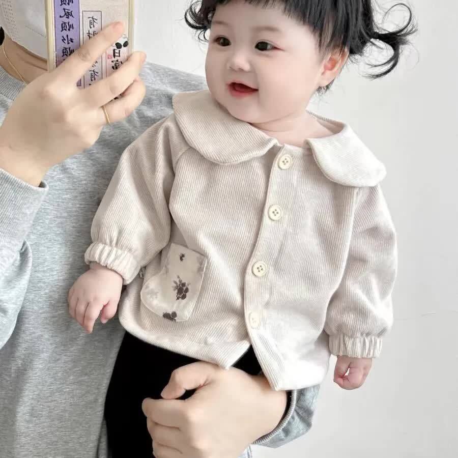 春装新款女婴娃娃领开衫外套小月龄长袖外出上衣长裤百搭休闲套装