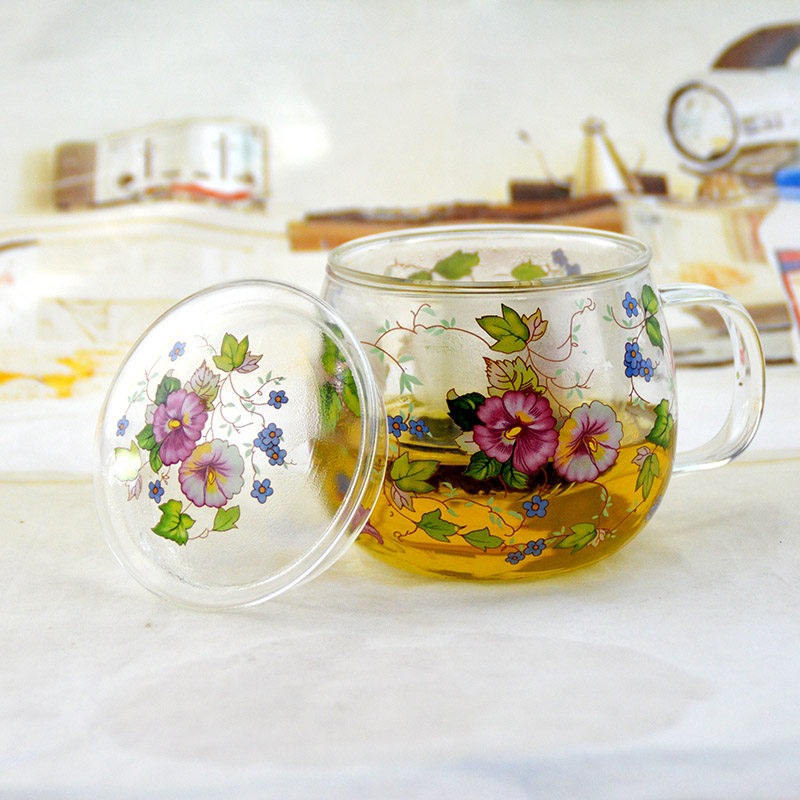 韩国玻璃杯茶杯茶水分离女花茶杯过滤水杯早餐杯带盖杯麦片杯奶杯