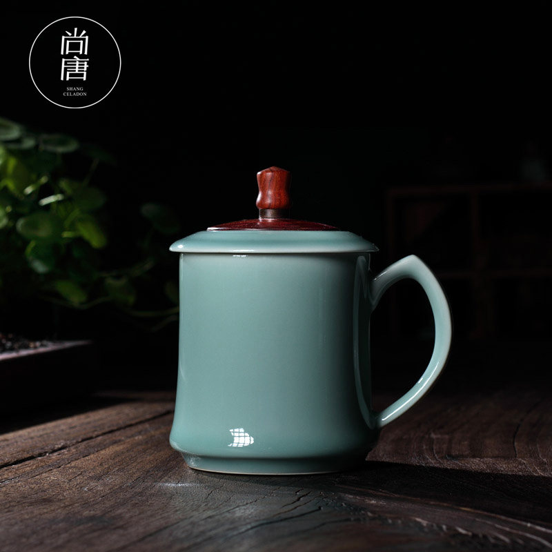 尚唐青瓷大号茶杯陶瓷杯子带盖茶杯水杯办公杯酒店会议室泡茶杯子