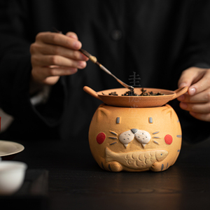 圭隐堂围炉煮茶萌猫粗陶烤茶炉烤盘套装家用蜡烛温茶暖茶炉提香器