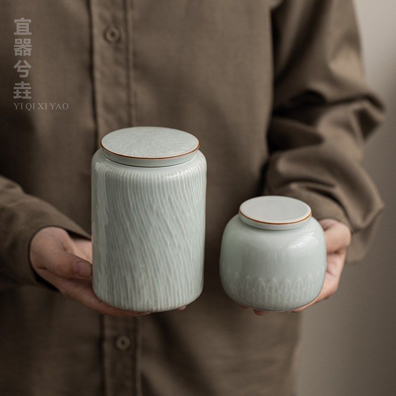 古蓝斜纹茶叶罐 陶瓷大小号密封罐子家用便携储茶罐 茶具配件防潮