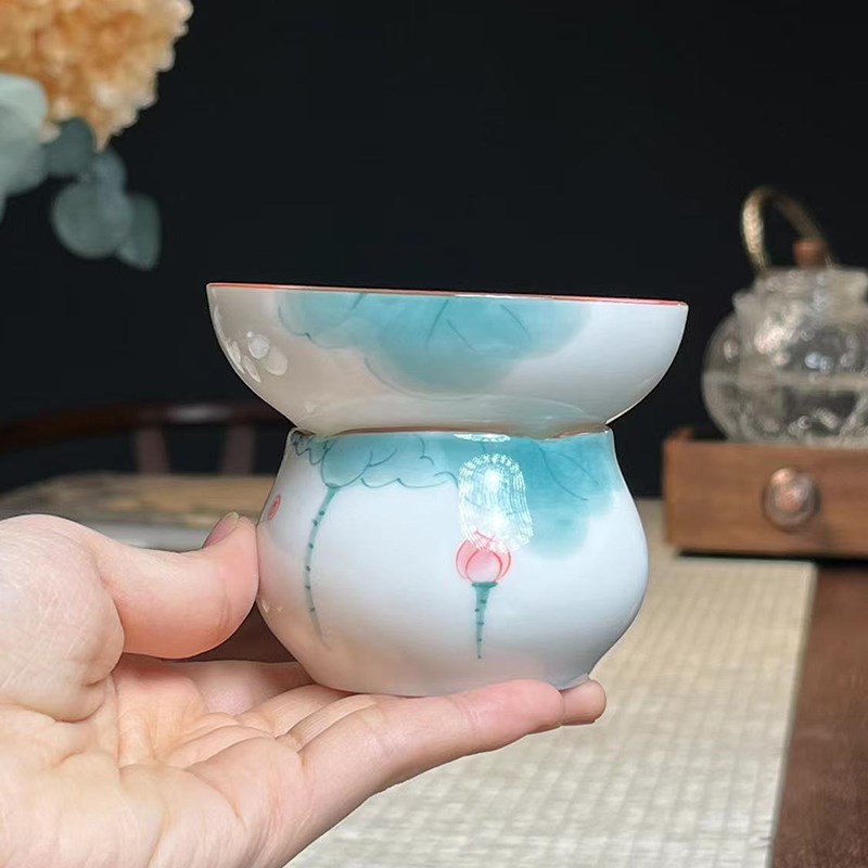 手绘荷花茶漏茶滤创意陶瓷过滤器两件套茶隔滤网公道杯茶道配件