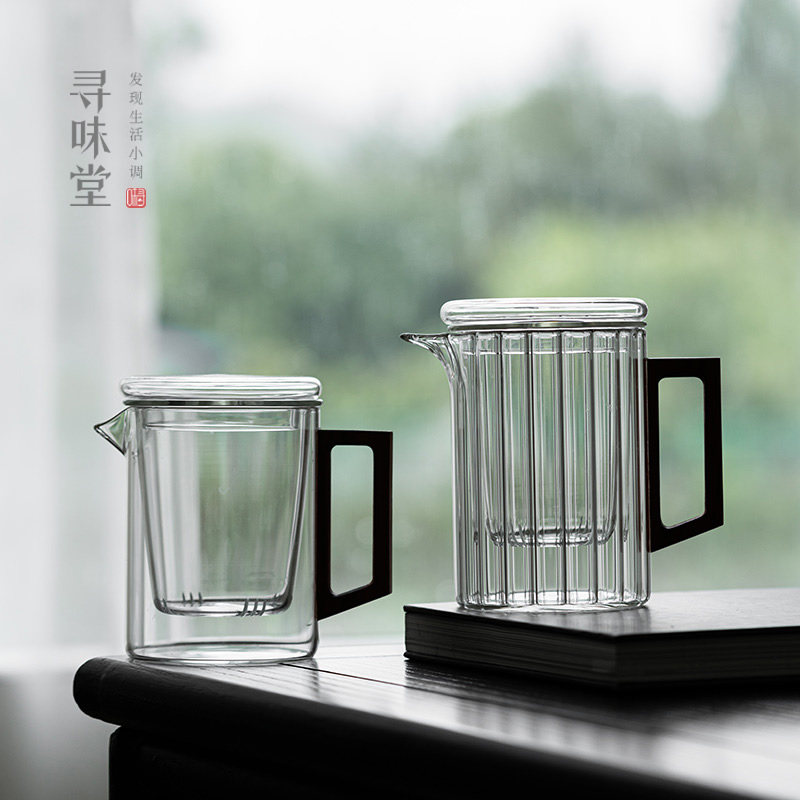 木把玻璃泡茶壶带茶隔过滤茶水分离三件杯耐高温家用办公泡茶器