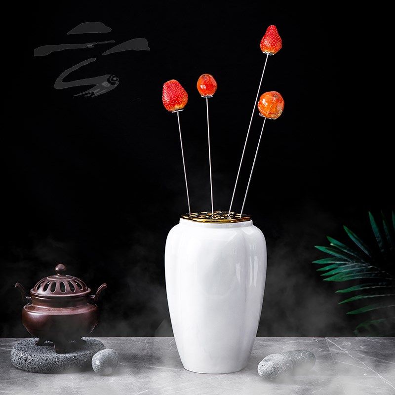 酒店陶瓷花瓶插签盘中式意境菜花式餐具拨丝樱桃鹅肝创意上菜器皿