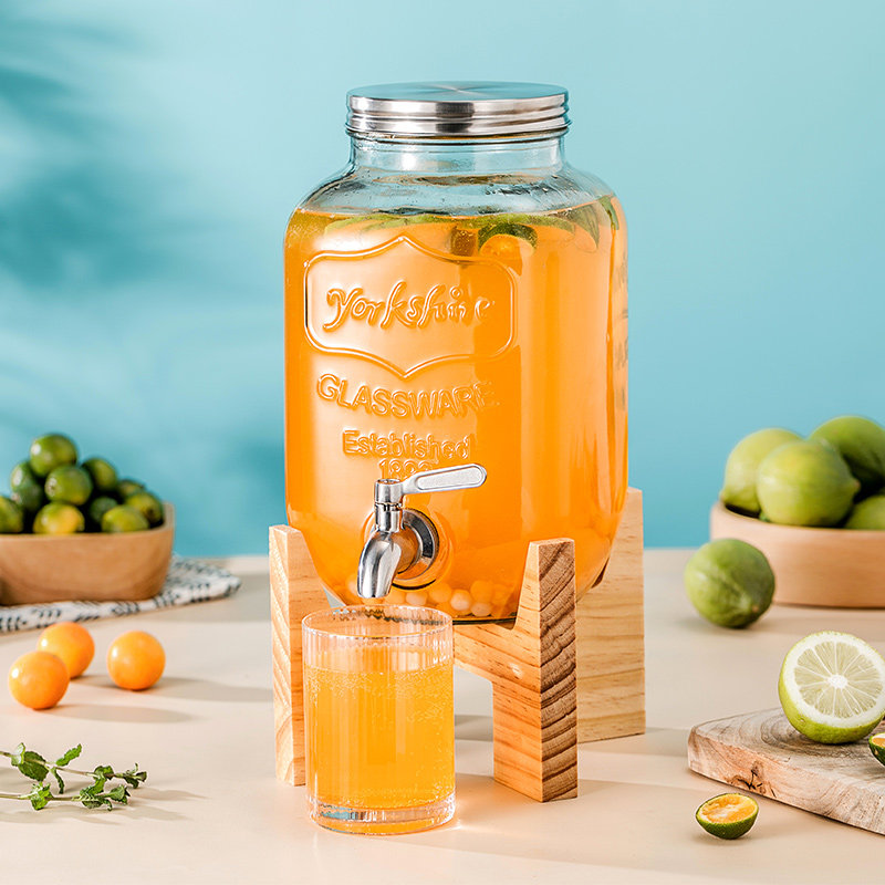 4升8升玻璃瓶 木架子字母果汁罐玻璃带龙头不锈钢盖泡酒瓶密封罐