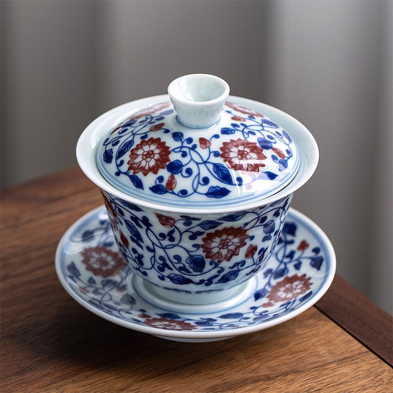 中式复古青花釉里红三才盖碗陶瓷茶杯功夫泡茶碗单个大号茶具手工