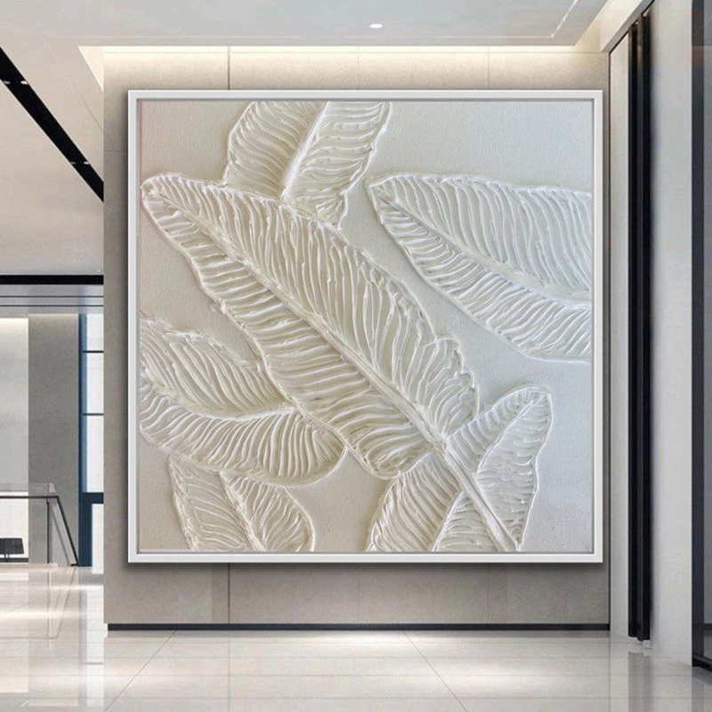纯手工立体装饰画抽象油画现代极简挂画简单白色壁画厚肌理树叶画