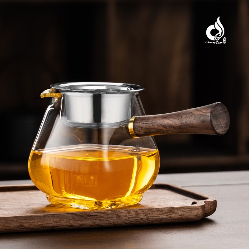 创典高档侧把木把玻璃公道杯加厚带茶漏一体套装高端茶海分茶器具
