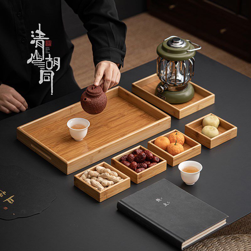 中式双耳提托盘围炉煮茶点心盘竹制分格分格组合盘子零食干果盘