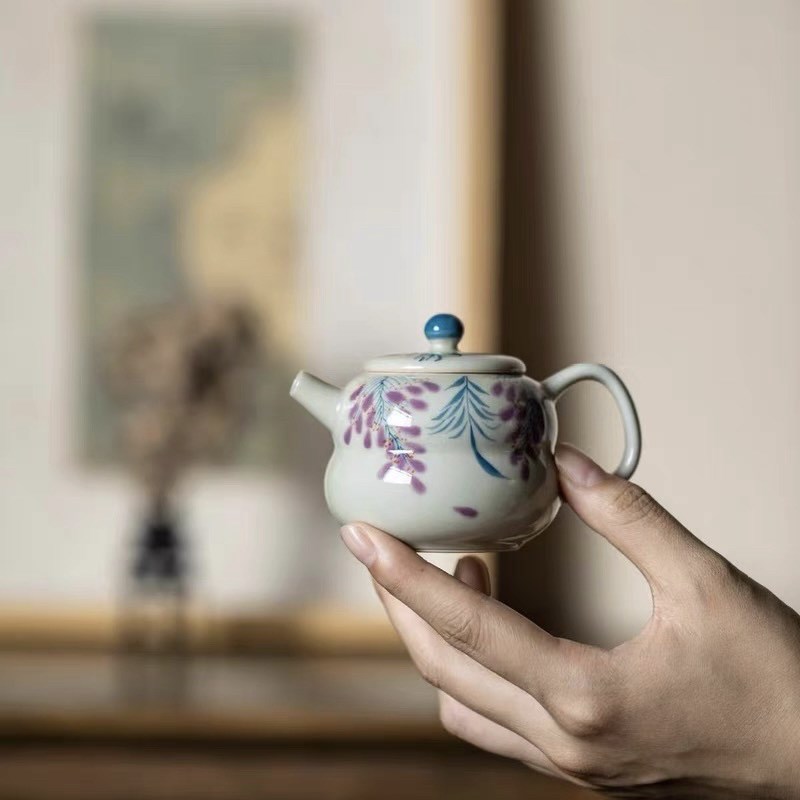 草木灰手绘紫藤花功夫茶具茶壶茶杯家用组合旅行茶具布包一壶两杯