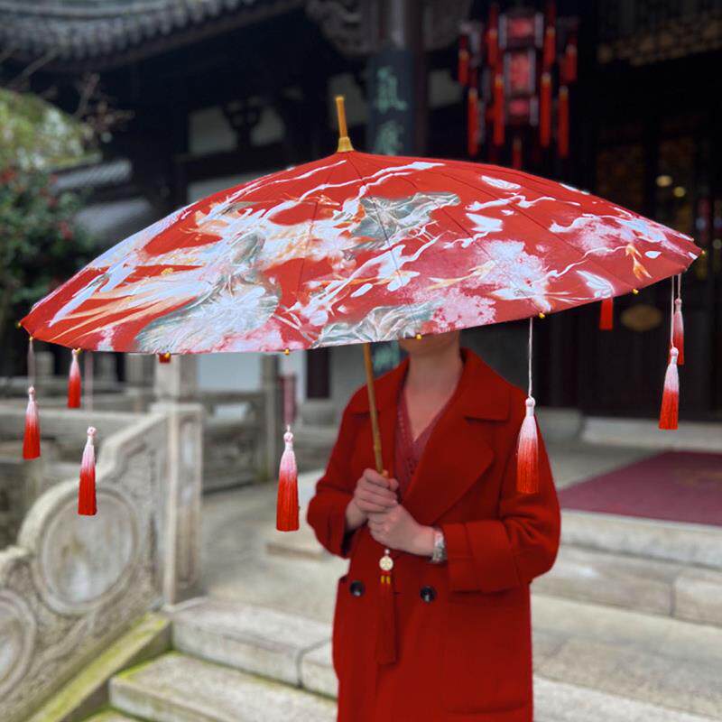 红伞结婚新娘伞长柄大号古风汉服伞复古婚礼婚嫁婚庆接亲红色雨伞